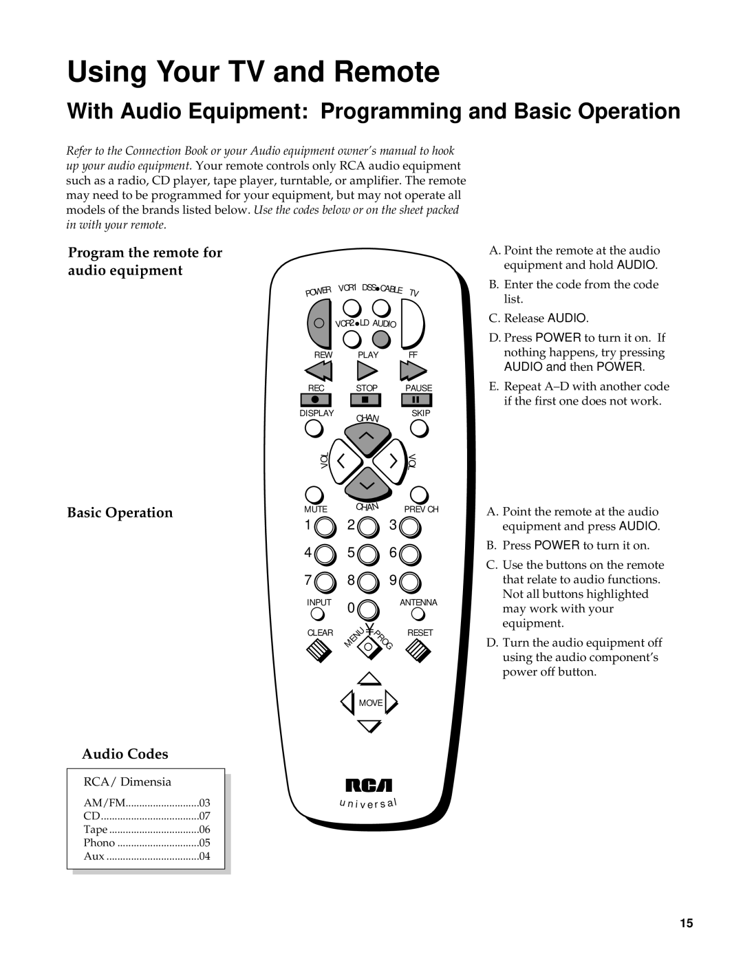 RCA Color TV With Audio Equipment Programming and Basic Operation, Program the remote for audio equipment, Audio Codes 