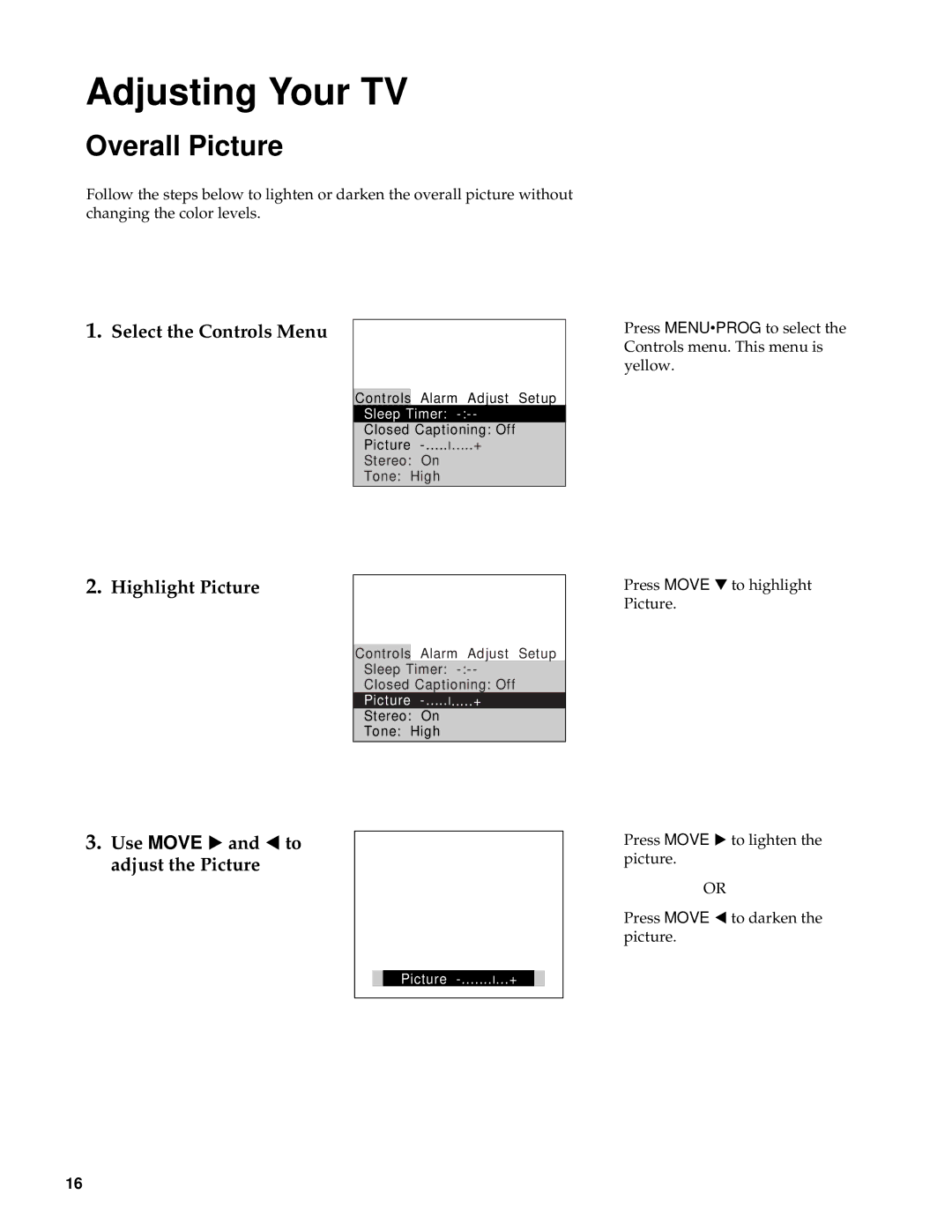 RCA Color TV manual Adjusting Your TV, Overall Picture, Select the Controls Menu, Highlight Picture 