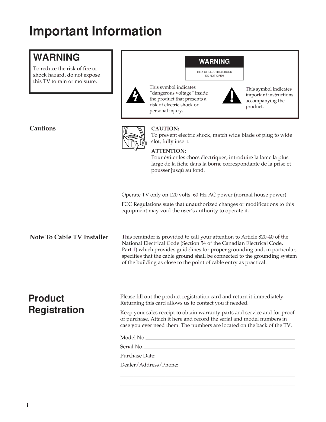 RCA Color TV manual Important Information, Product Registration 