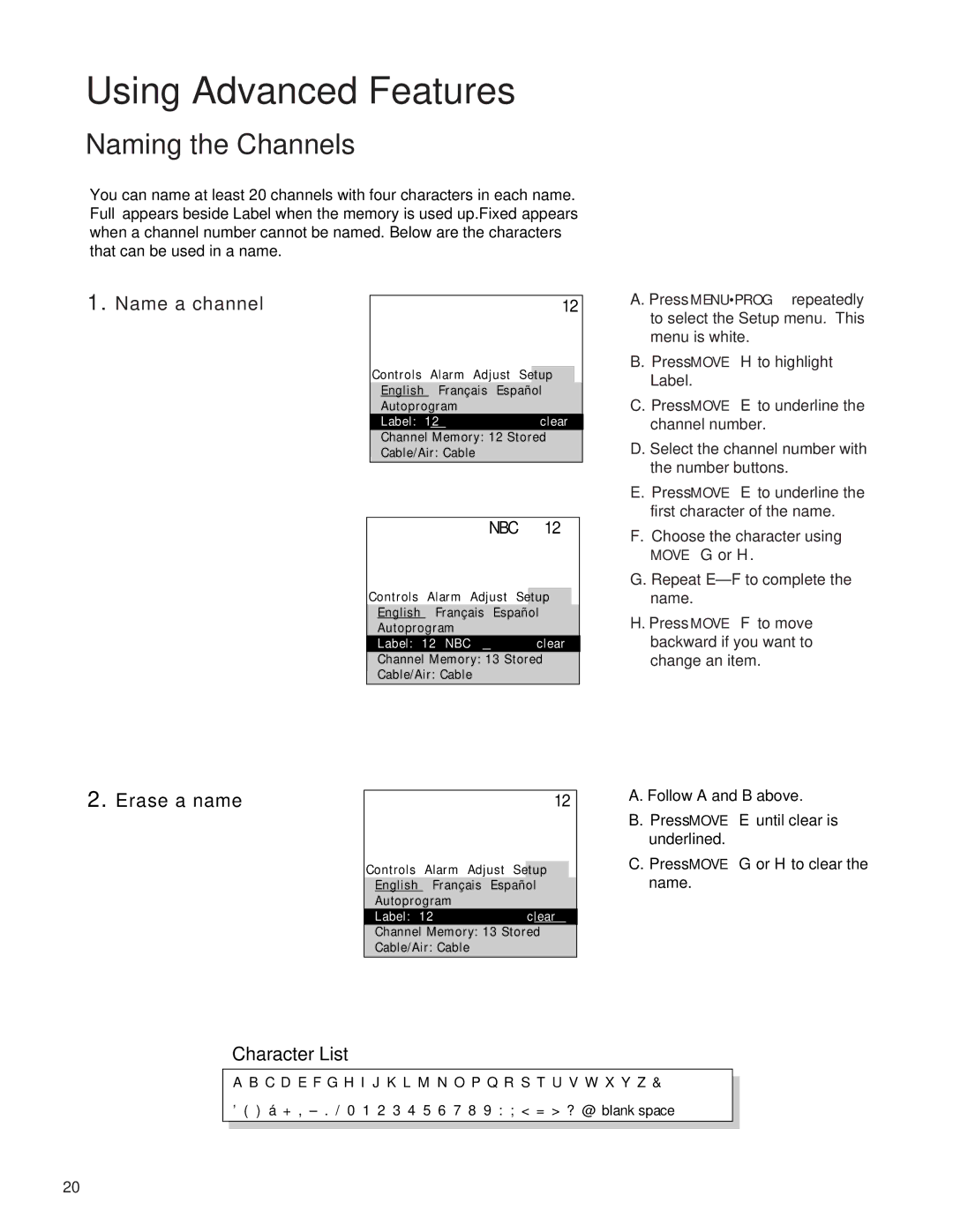 RCA Color TV manual Naming the Channels, Name a channel, Erase a name, Character List, Move G or H 