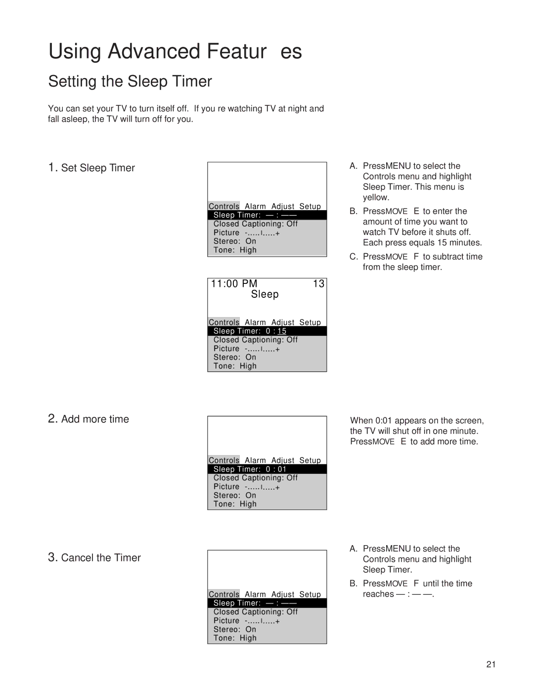 RCA Color TV manual Setting the Sleep Timer, Set Sleep Timer, Add more time, Cancel the Timer 