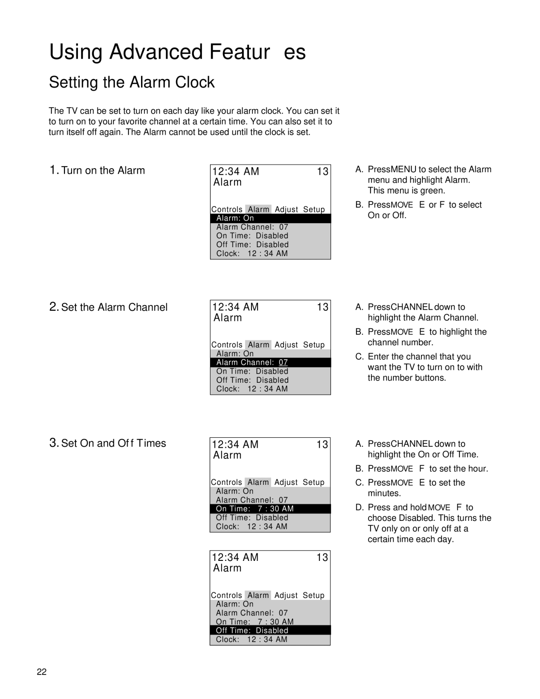 RCA Color TV manual Setting the Alarm Clock, Turn on the Alarm, Set the Alarm Channel, Set On and Off Times 