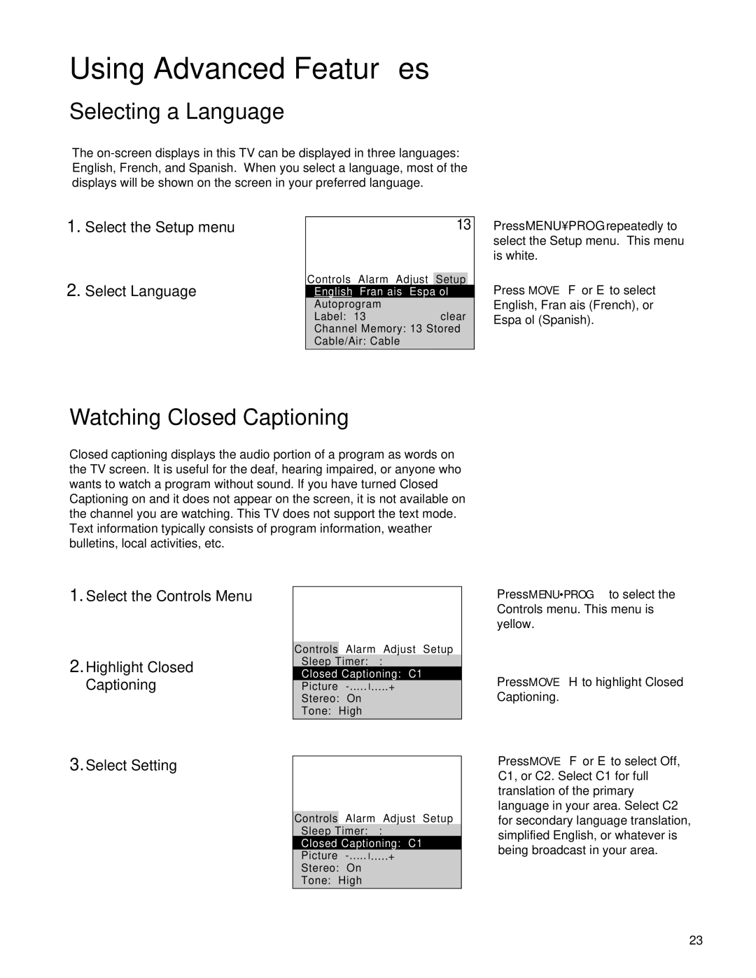 RCA Color TV manual Selecting a Language, Watching Closed Captioning, Select the Setup menu Select Language 