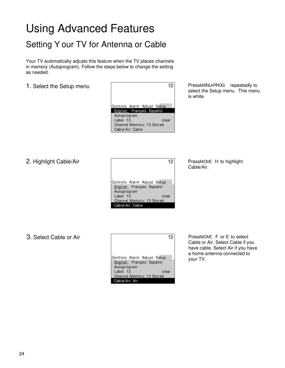 RCA Color TV manual Setting Your TV for Antenna or Cable, Highlight Cable/Air, Select Cable or Air 