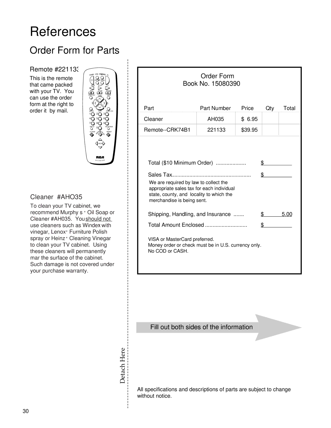 RCA Color TV manual Order Form for Parts, Remote #221133, Order Form Book No, Cleaner #AHO35 