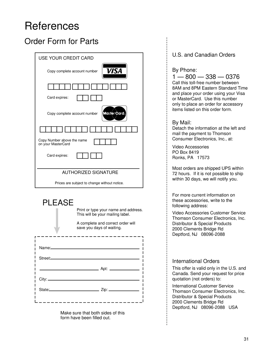 RCA Color TV manual Canadian Orders By Phone, By Mail, International Orders 