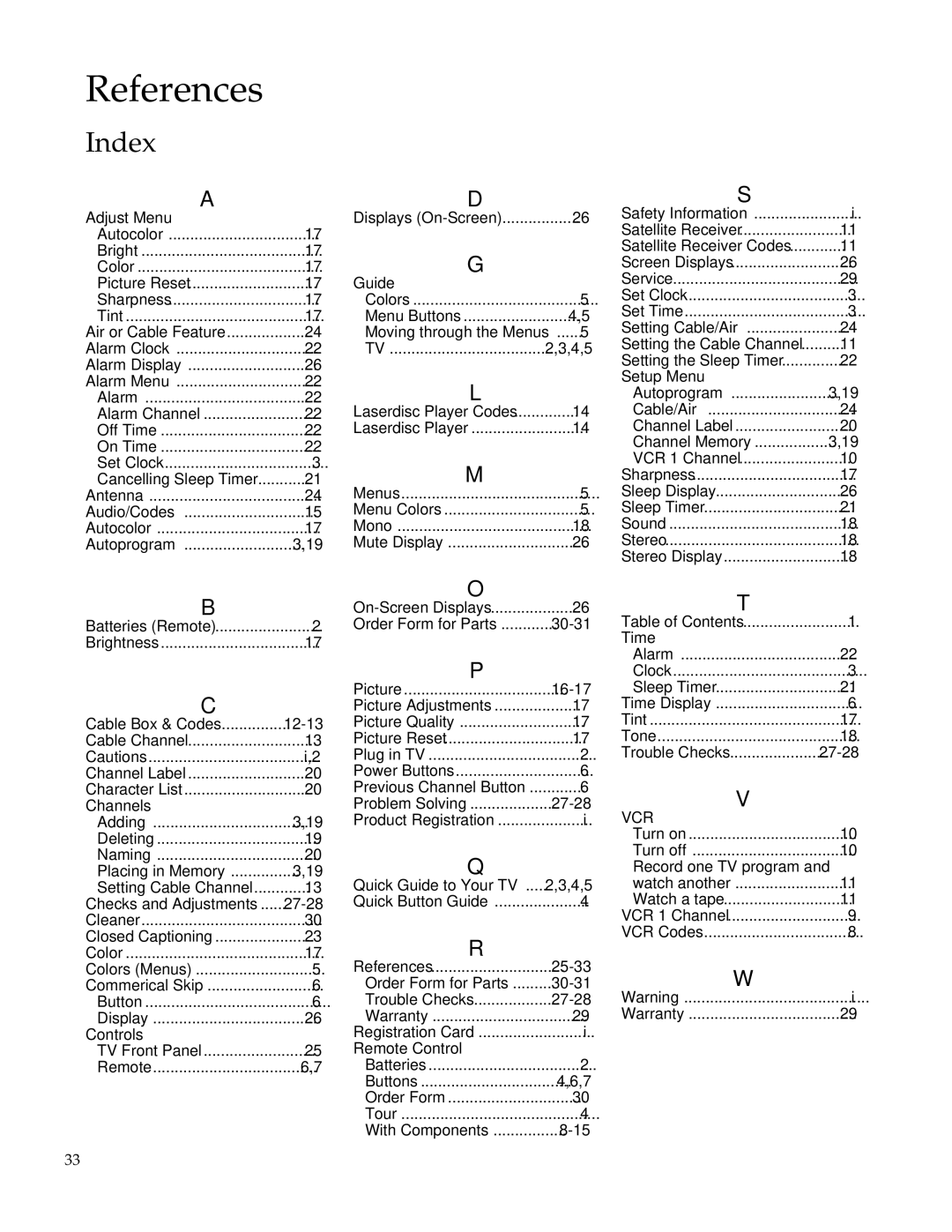 RCA Color TV manual Index, Order Form for Parts 30-31 Picture 16-17 