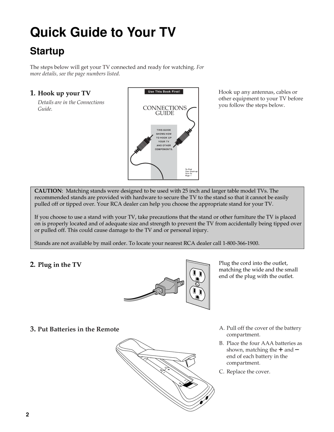 RCA Color TV manual Quick Guide to Your TV, Startup, Hook up your TV, Plug in the TV, Put Batteries in the Remote 