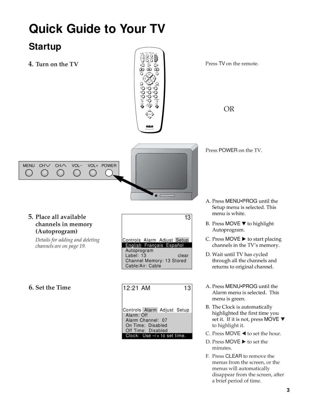 RCA Color TV manual Turn on the TV, Place all available channels in memory Autoprogram, Set the Time 