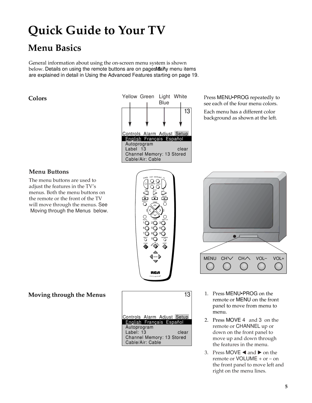 RCA Color TV manual Menu Basics, Colors, Moving through the Menus, Yellow Green Light White Blue 