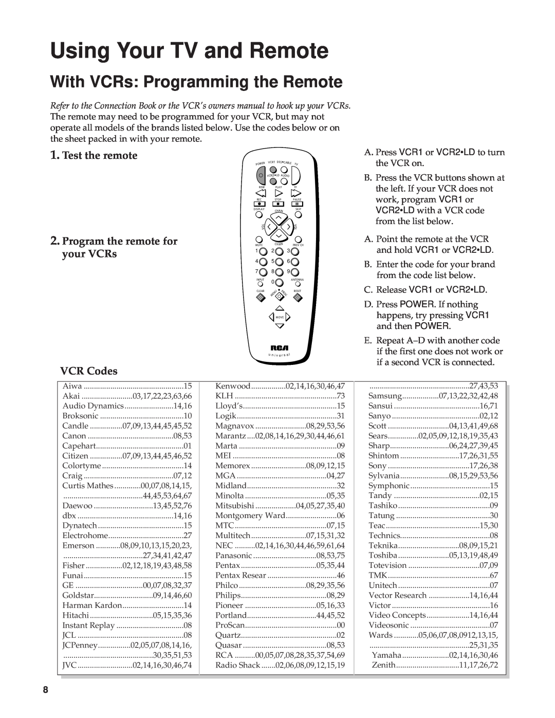 RCA Color TV manual With VCRs Programming the Remote, Test the remote, Program the remote for your VCRs, VCR Codes 
