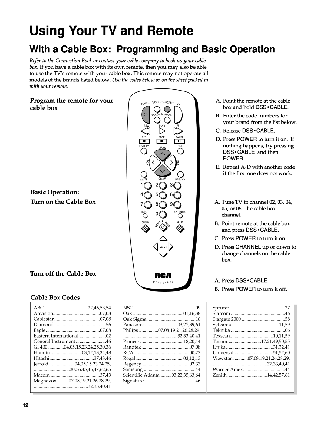 RCA Color TV With a Cable Box Programming and Basic Operation, Program the remote for your cable box, Cable Box Codes 