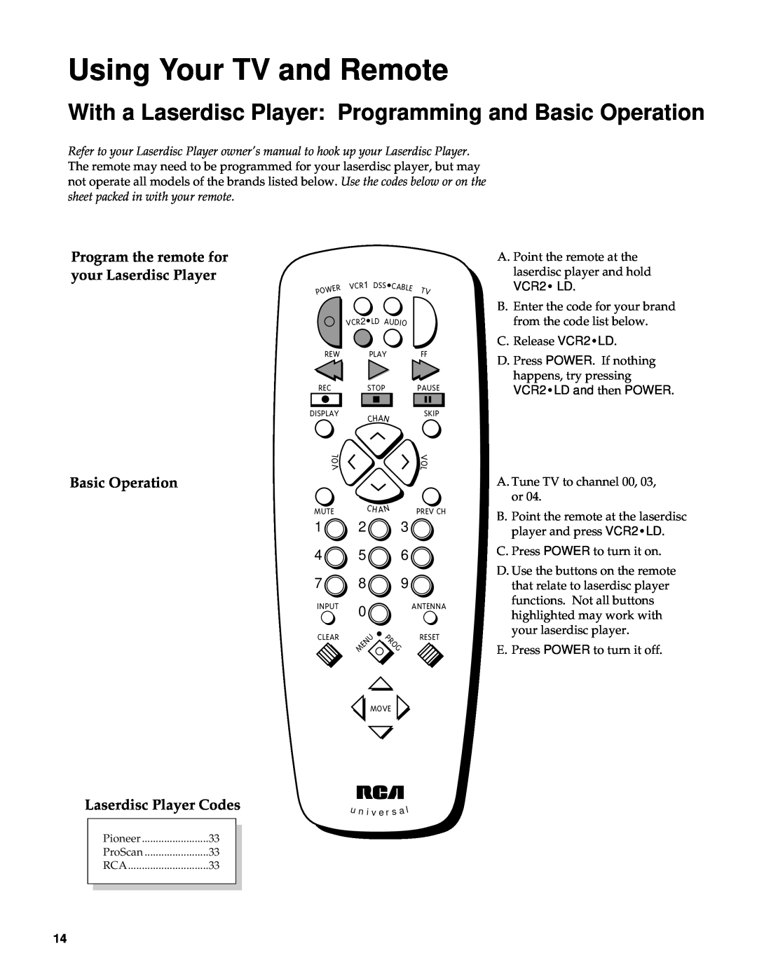 RCA Color TV manual With a Laserdisc Player Programming and Basic Operation, 1 2 4 5 7 8, Laserdisc Player Codes 
