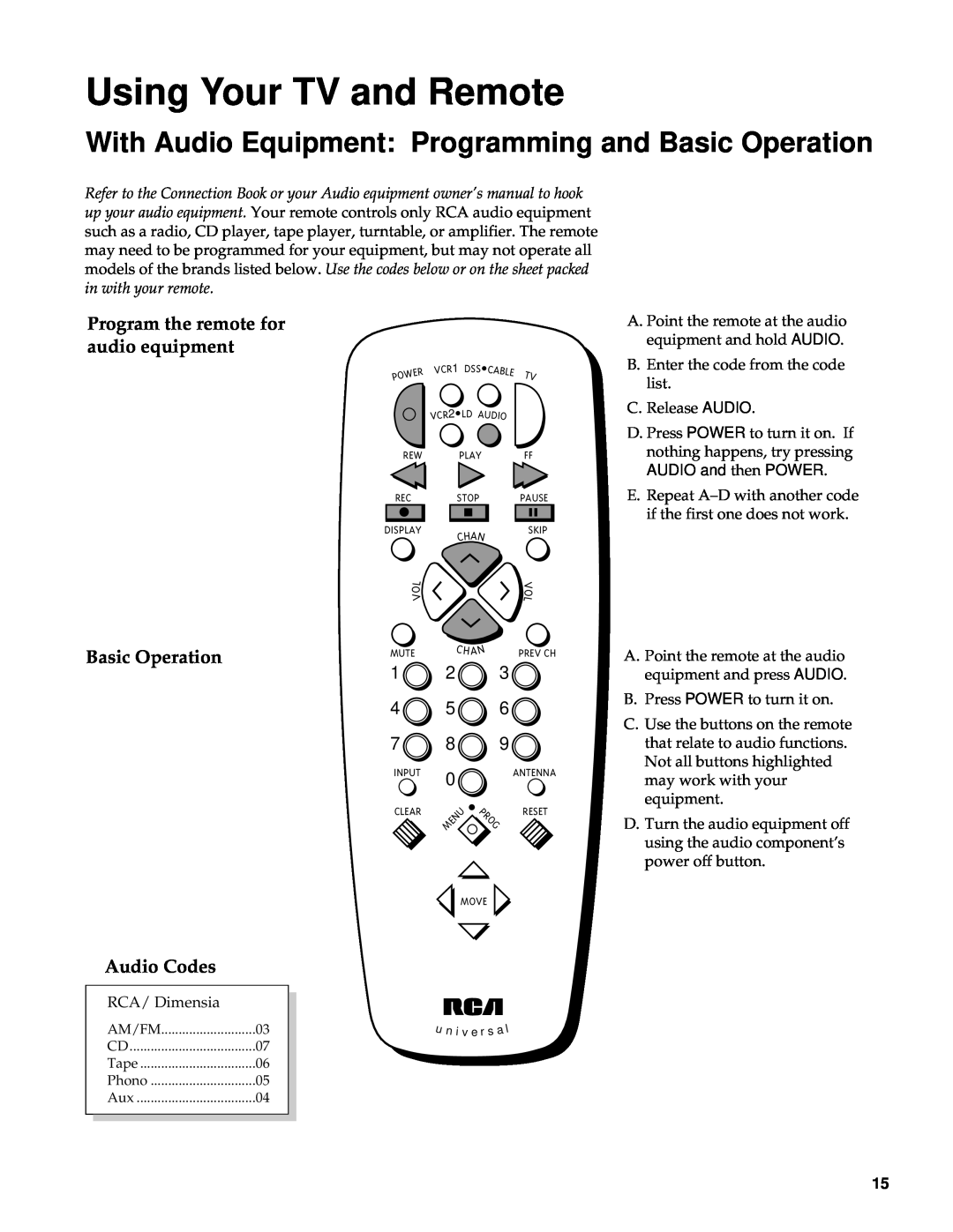 RCA Color TV With Audio Equipment Programming and Basic Operation, Program the remote for audio equipment, Audio Codes 