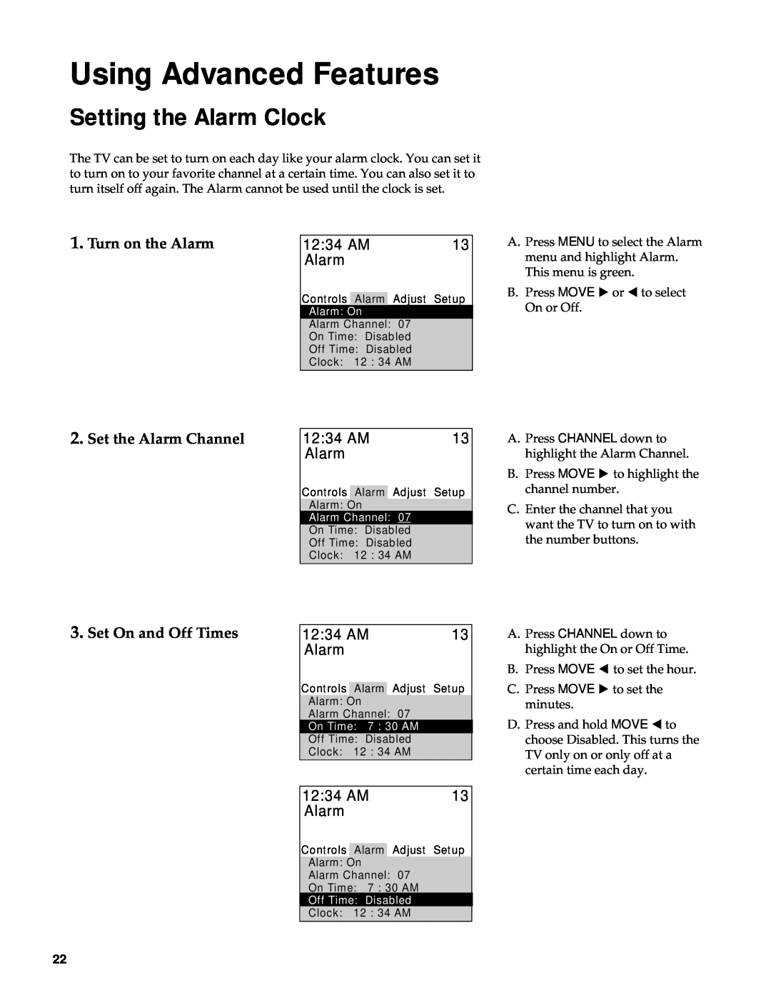 RCA Color TV manual Setting the Alarm Clock, Turn on the Alarm, 1234 AM, Set the Alarm Channel, Set On and Off Times 
