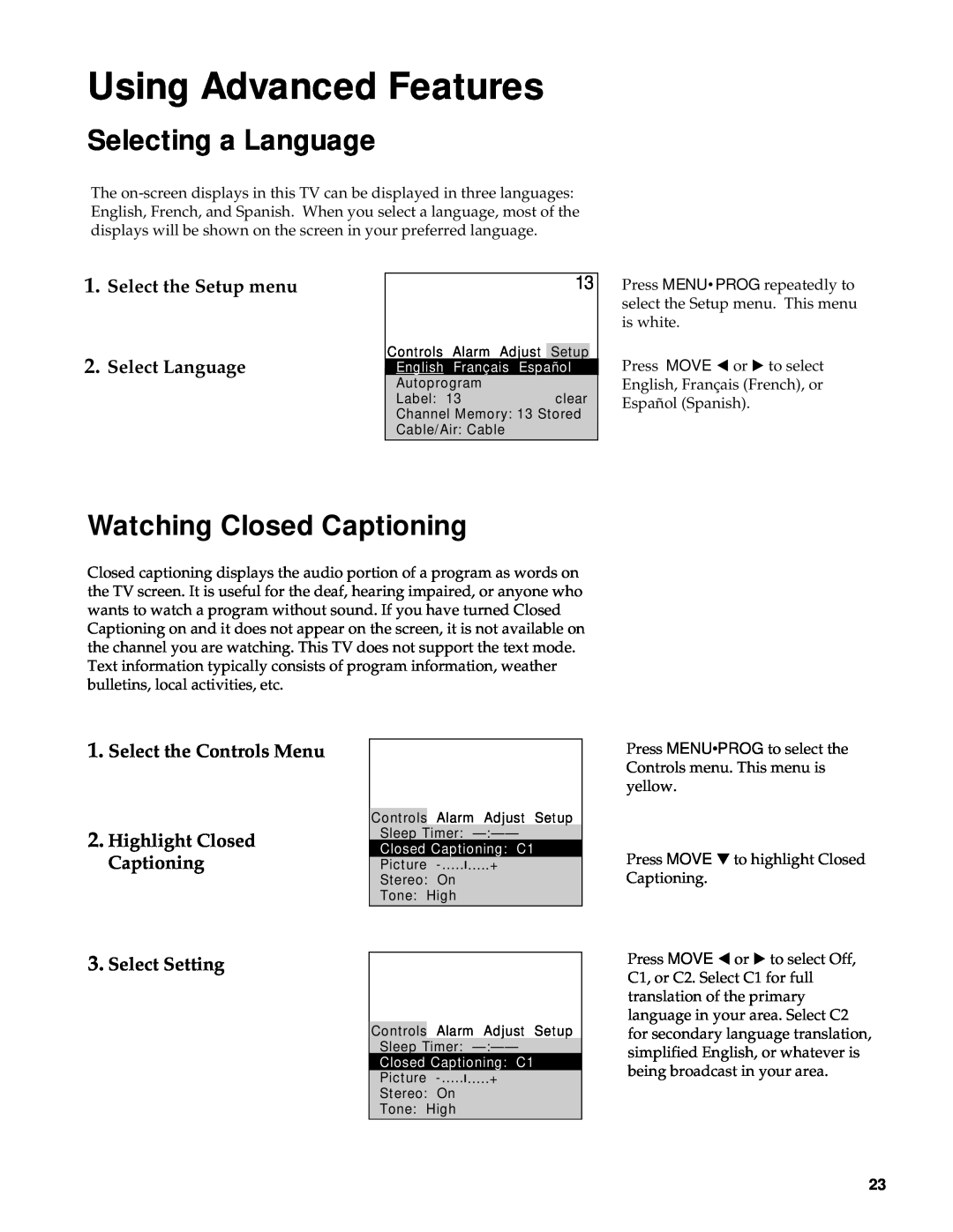 RCA Color TV Selecting a Language, Watching Closed Captioning, Select the Setup menu 2. Select Language, Select Setting 