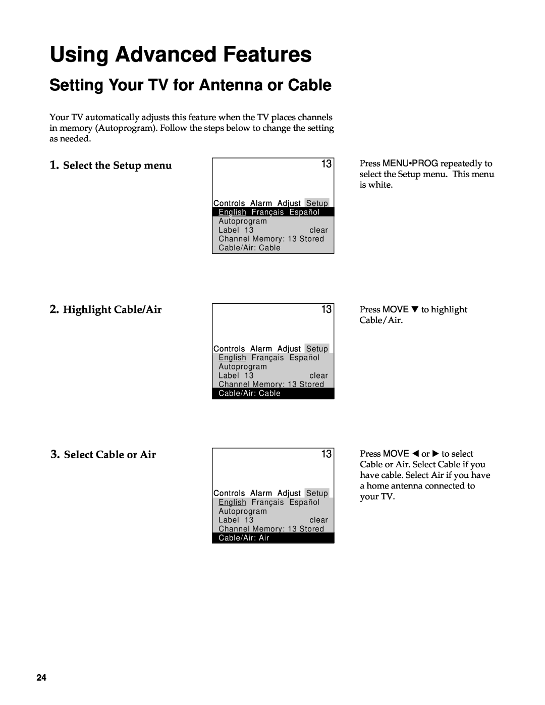 RCA Color TV manual Setting Your TV for Antenna or Cable, Select the Setup menu, Highlight Cable/Air, Select Cable or Air 