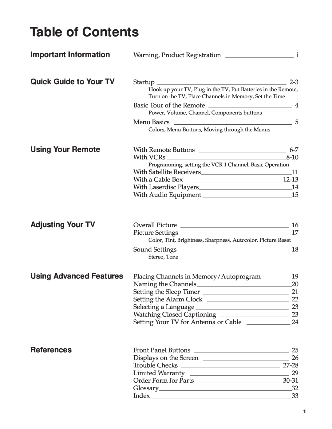 RCA Color TV Table of Contents, Important Information Quick Guide to Your TV, References, Overall Picture, Sound Settings 