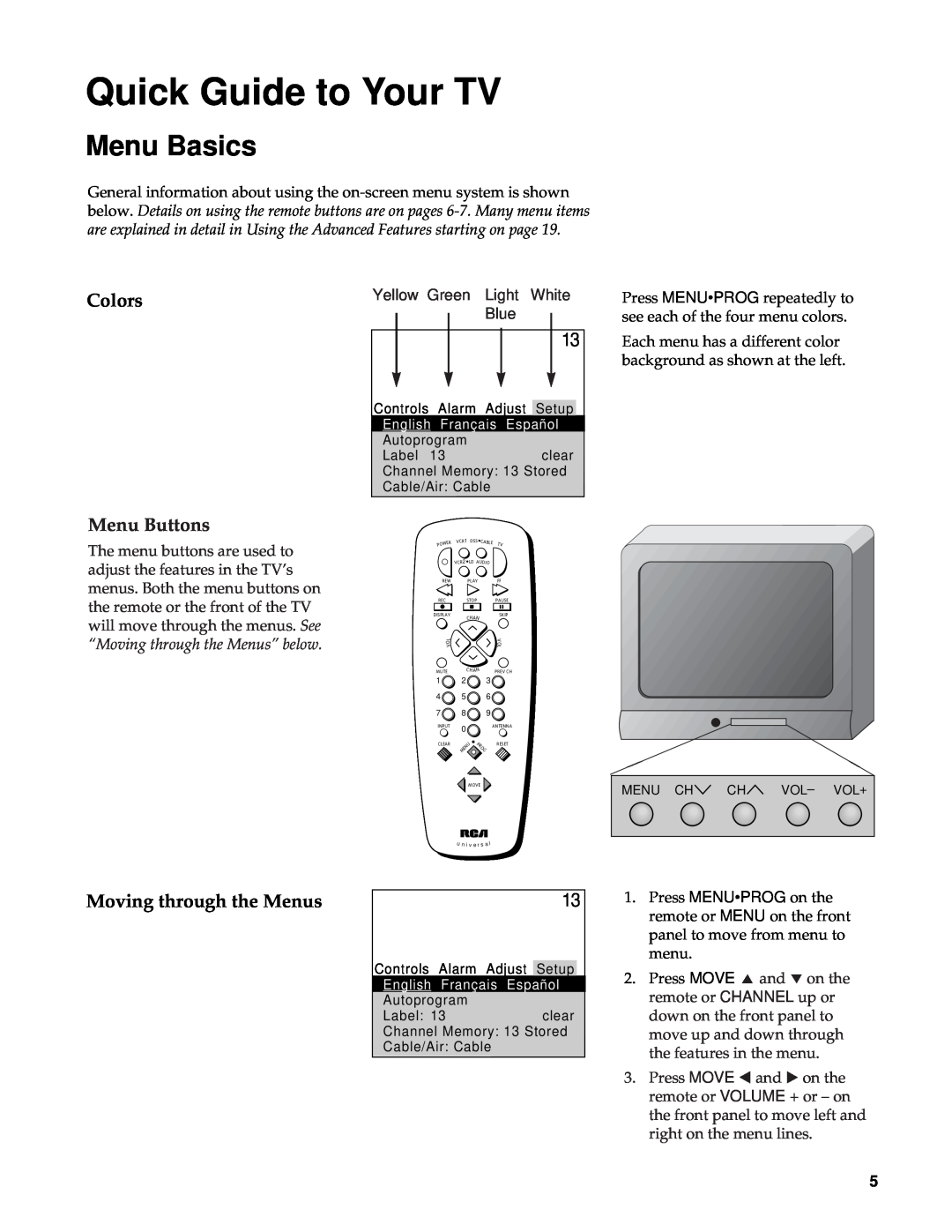 RCA Color TV manual Menu Basics, Colors, Moving through the Menus, Quick Guide to Your TV, Menu Buttons 