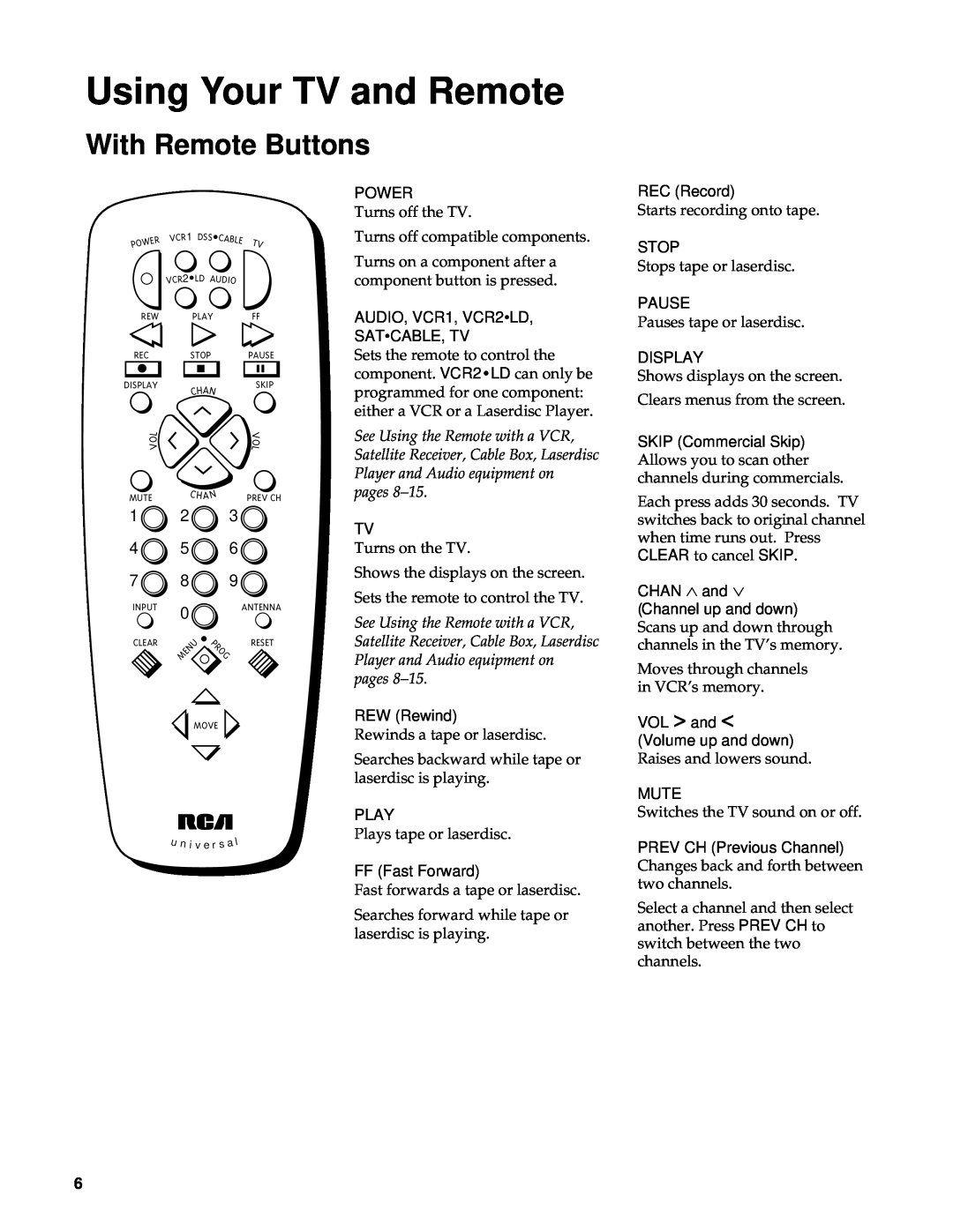 RCA Color TV manual Using Your TV and Remote, With Remote Buttons, 1 2 4 5 7 8 