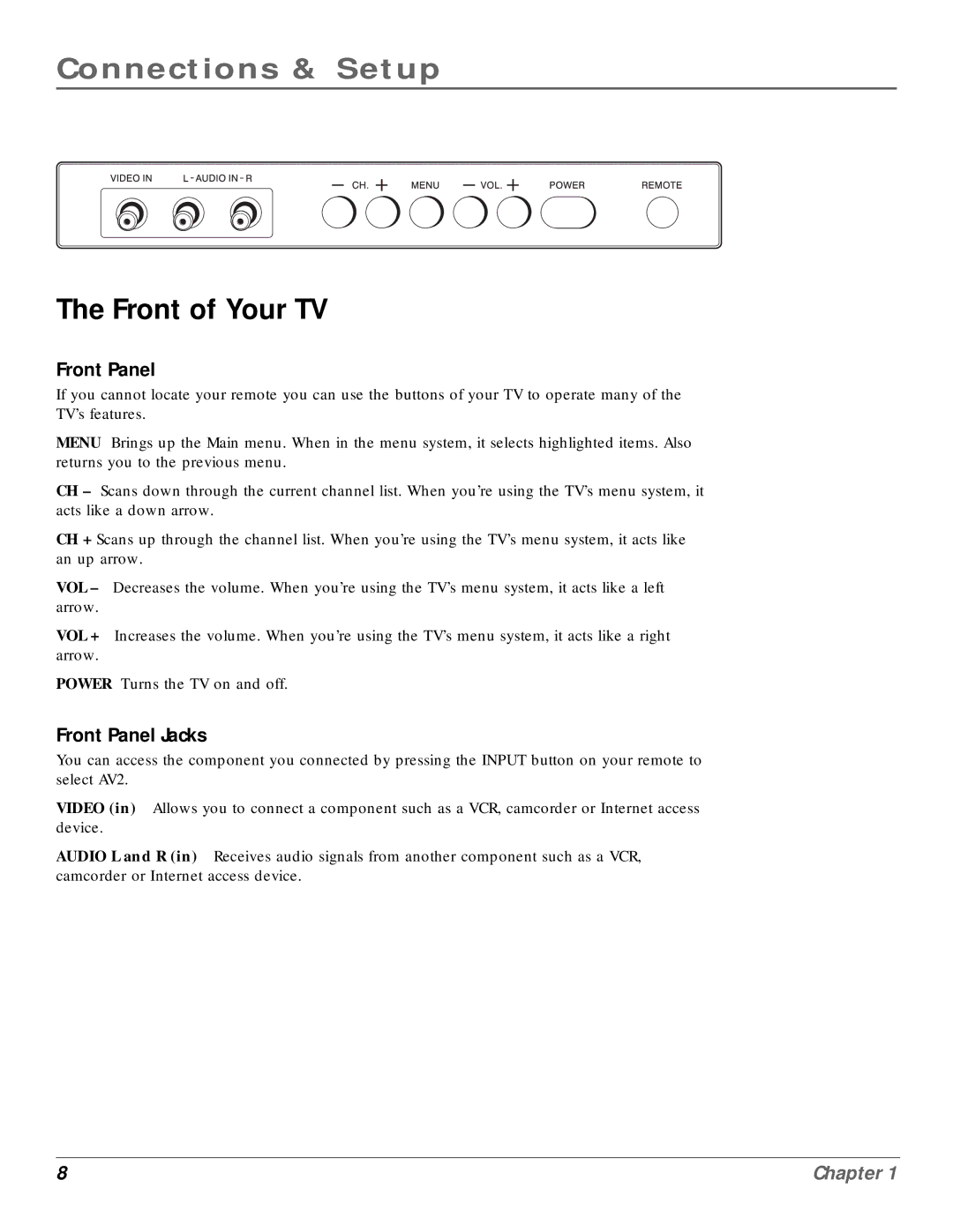 RCA CR20310 manual Front of Your TV, Front Panel Jacks 