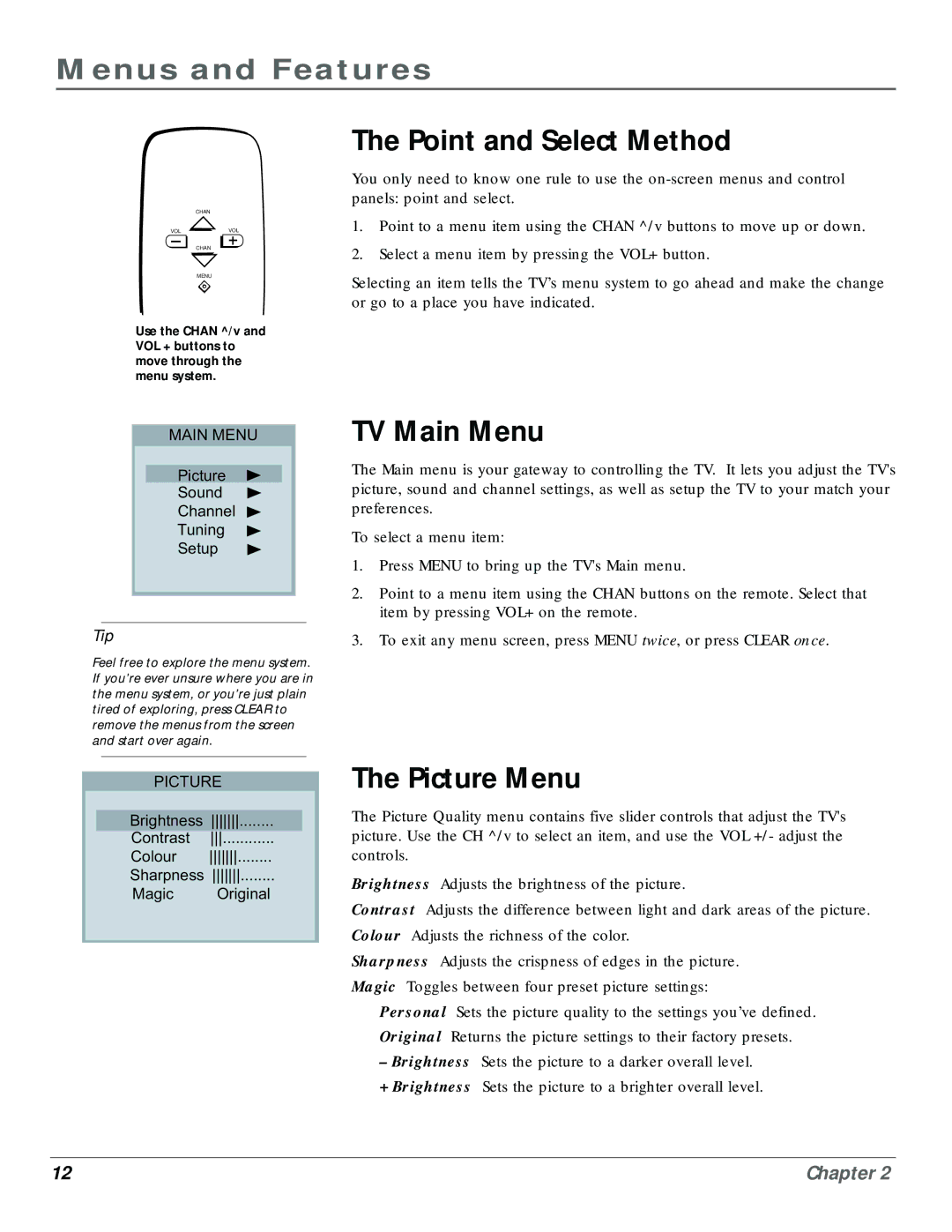 RCA CR20310 manual Menus and Features, Point and Select Method, TV Main Menu, Picture Menu 