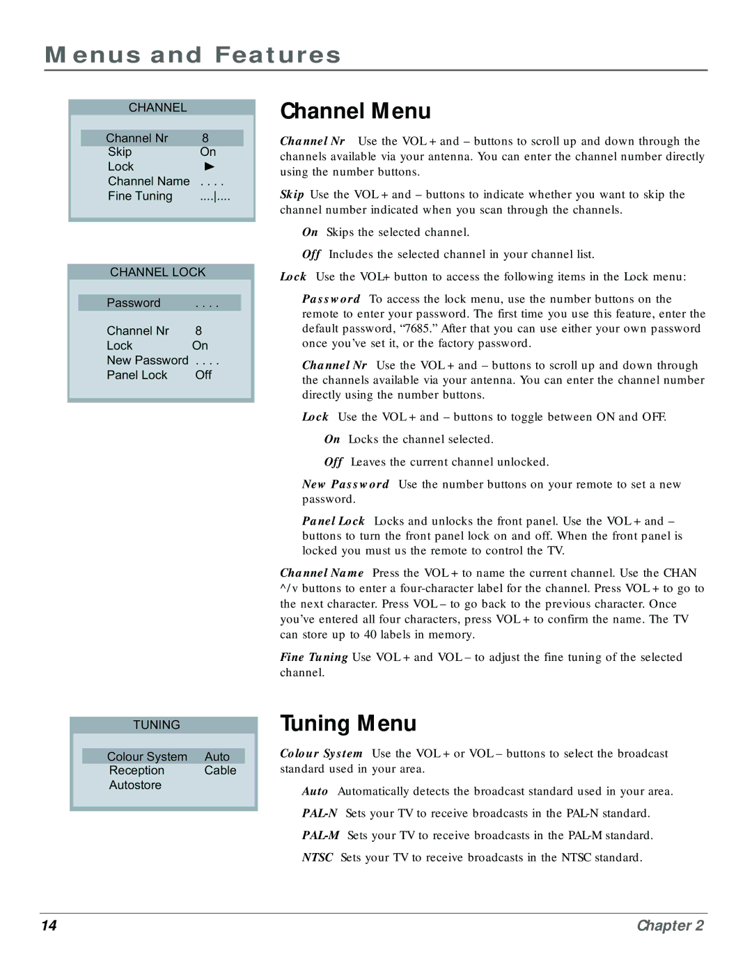 RCA CR20310 manual Channel Menu, Tuning Menu 