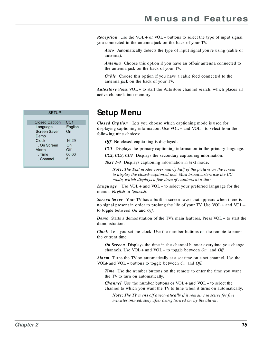 RCA CR20310 manual Setup Menu 