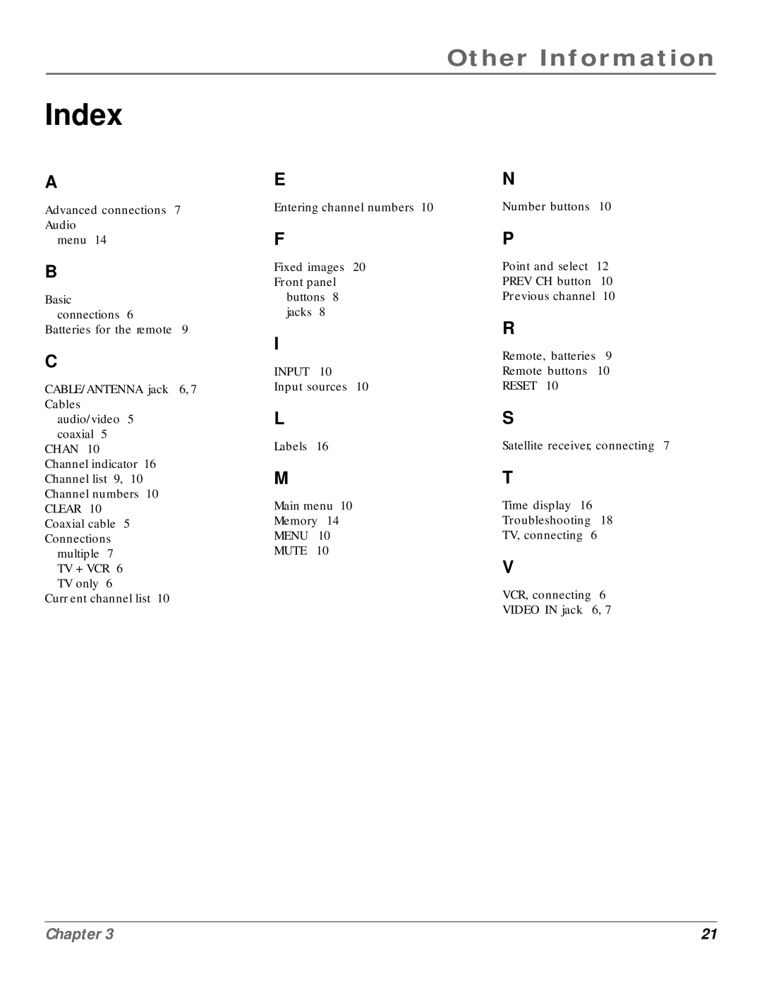 RCA CR20310 manual Index 