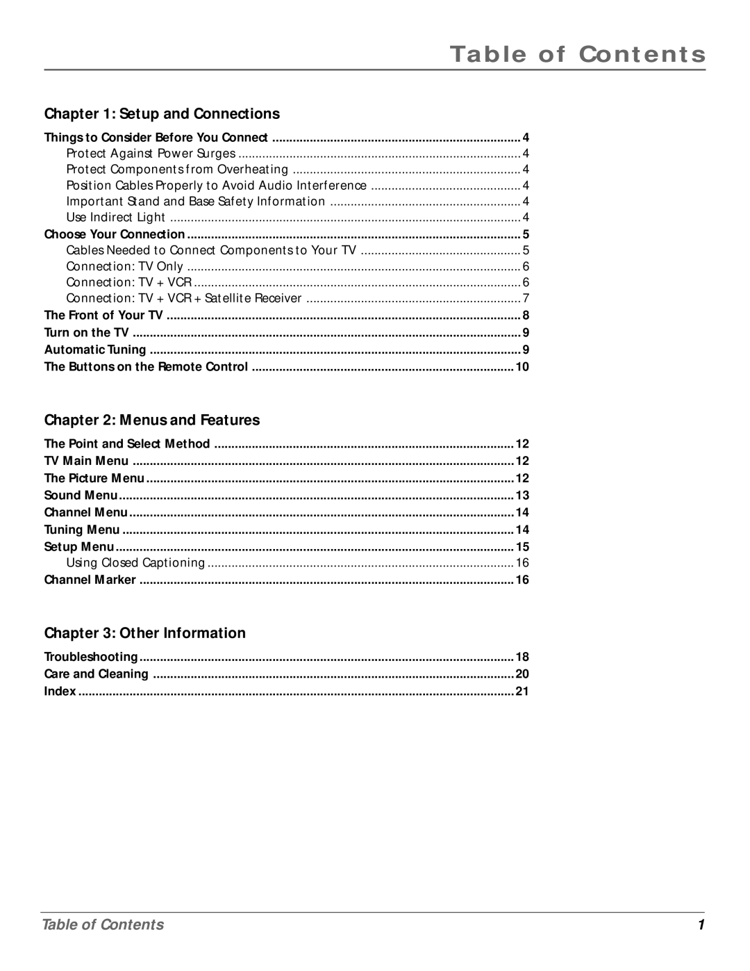 RCA CR20310 manual Table of Contents 