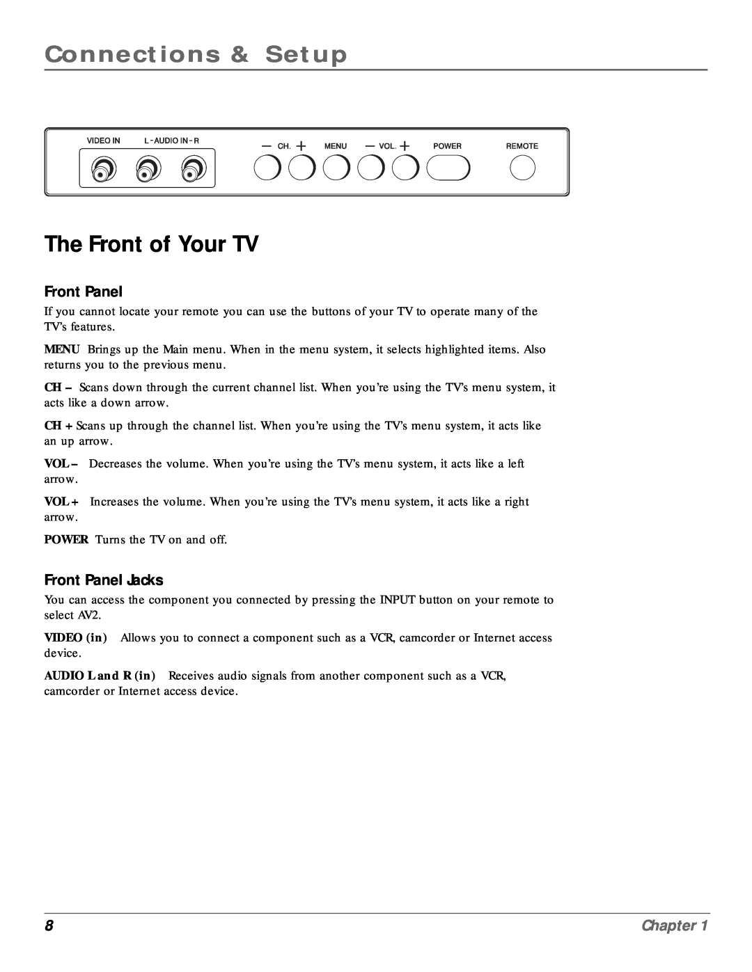 RCA CR20310 manual The Front of Your TV, Front Panel Jacks, Connections & Setup, Chapter 