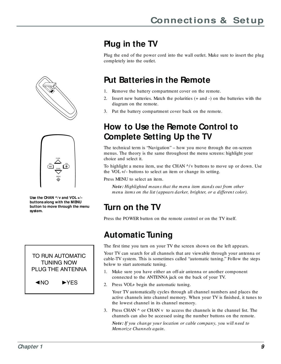 RCA CR20310 manual Plug in the TV, Put Batteries in the Remote, How to Use the Remote Control to Complete Setting Up the TV 