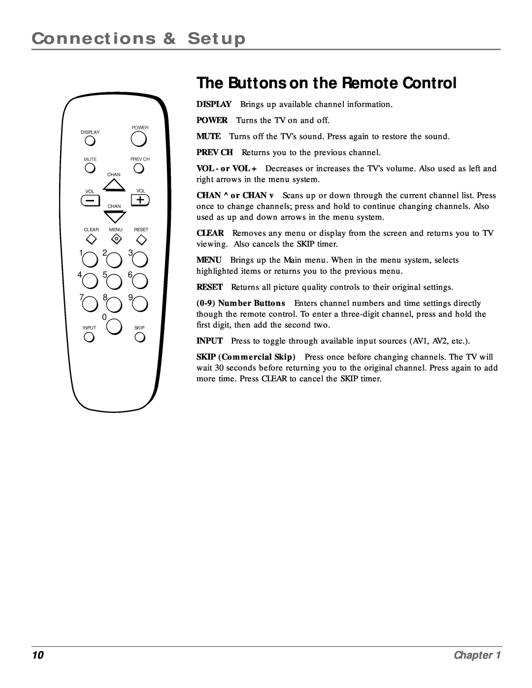 RCA CR20310 manual The Buttons on the Remote Control, Connections & Setup, Chapter, Power Display, Mute, Input, Skip 