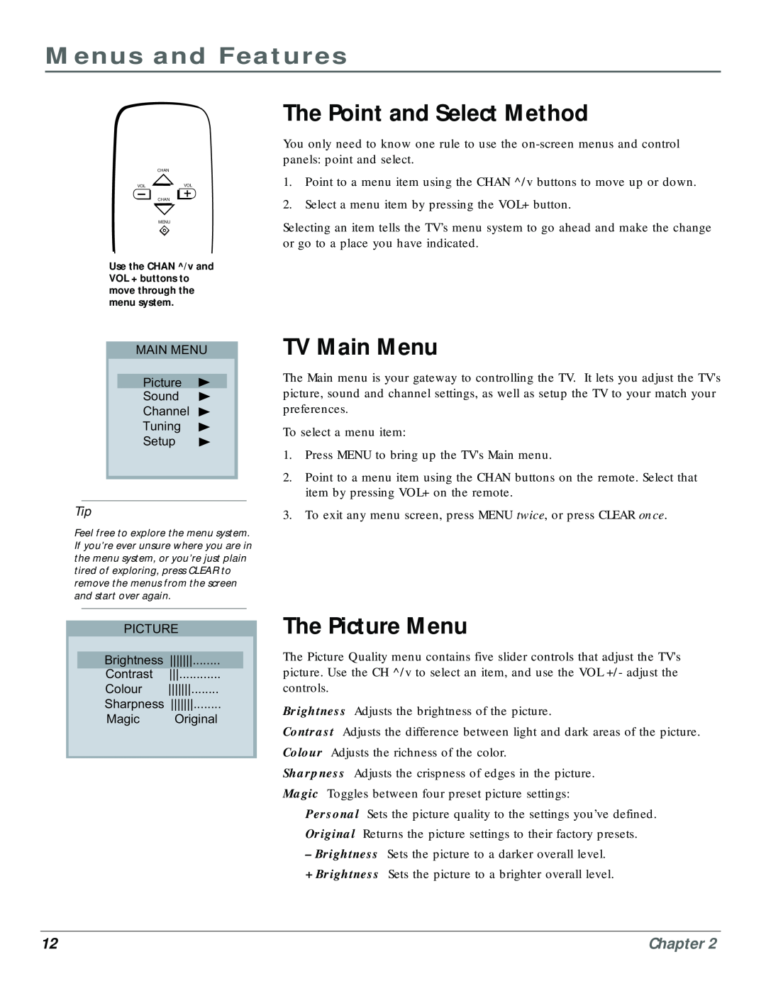 RCA CR20310 manual Menus and Features, The Point and Select Method, TV Main Menu, The Picture Menu, Chapter 