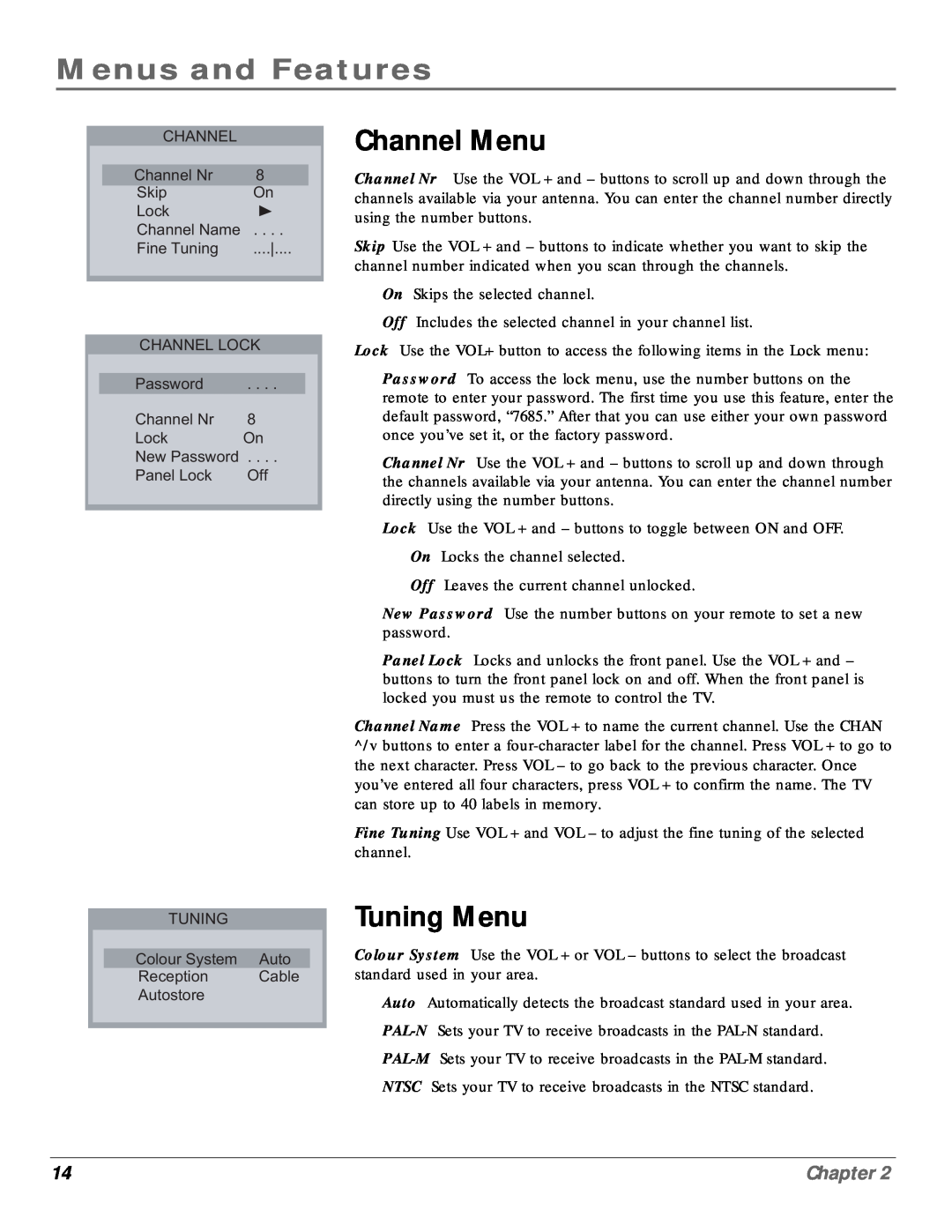 RCA CR20310 manual Channel Menu, Tuning Menu, Menus and Features, Chapter 