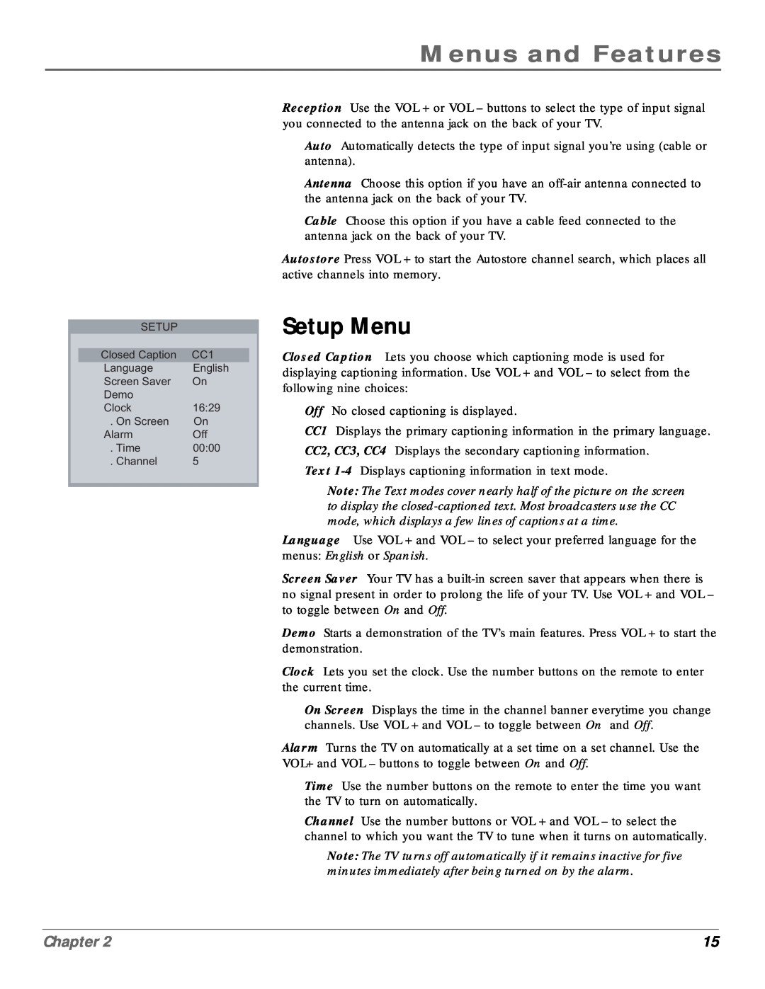RCA CR20310 manual Setup Menu, Menus and Features, Chapter 