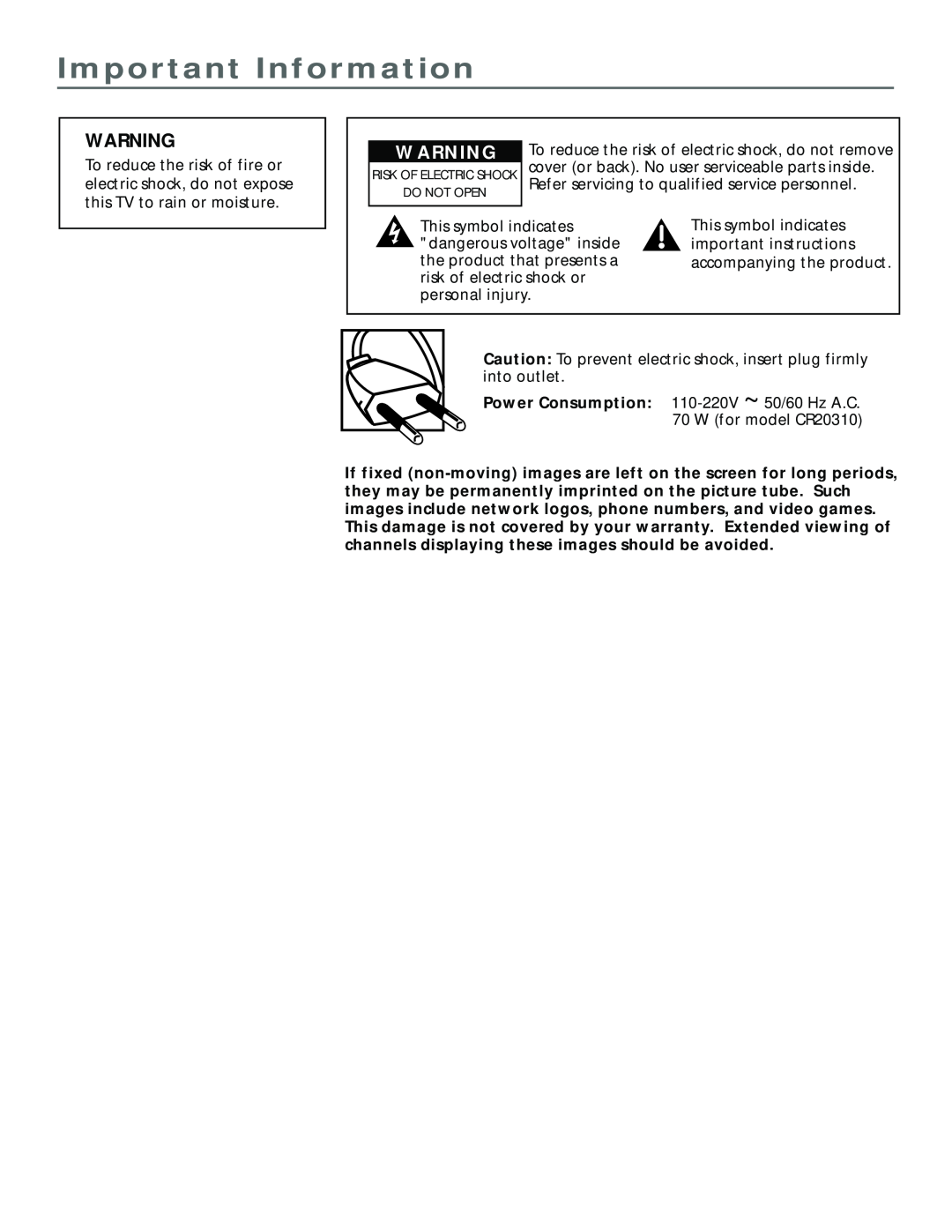 RCA CR20310 manual Important Information 