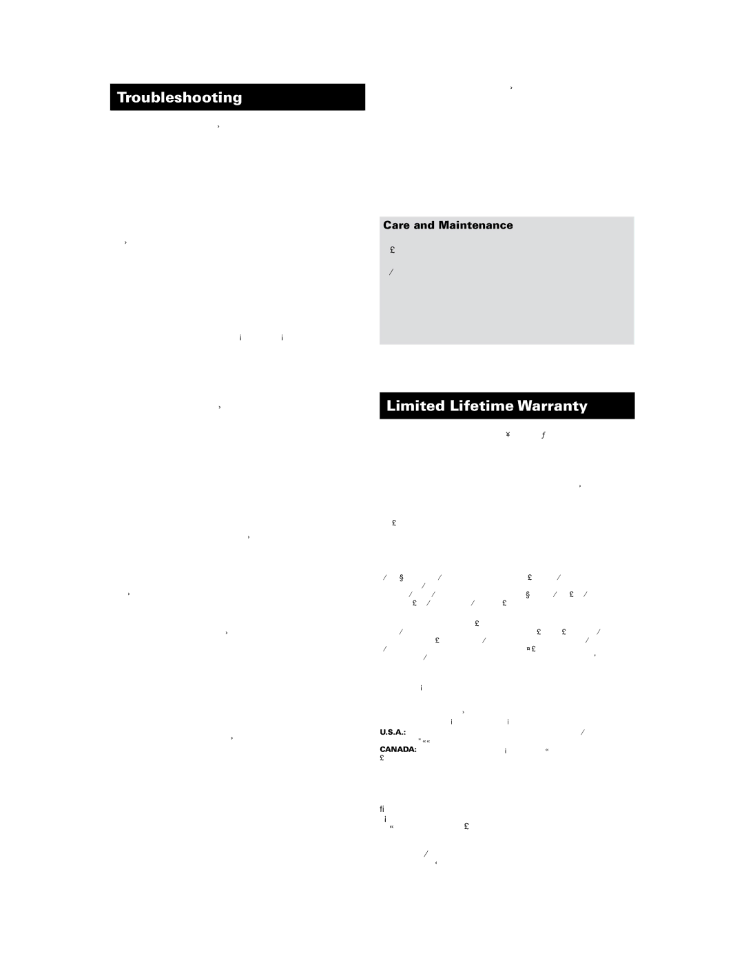 RCA CRCR351 owner manual Troubleshooting, Limited Lifetime Warranty, Care and Maintenance 