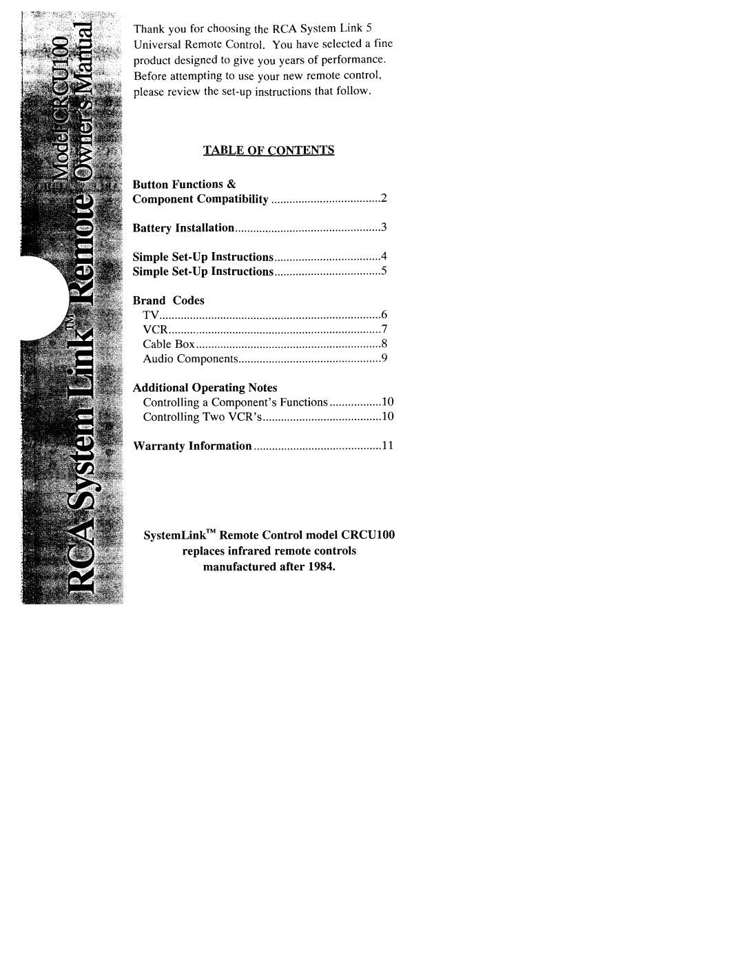 RCA CRCU100 warranty Table of Contents 