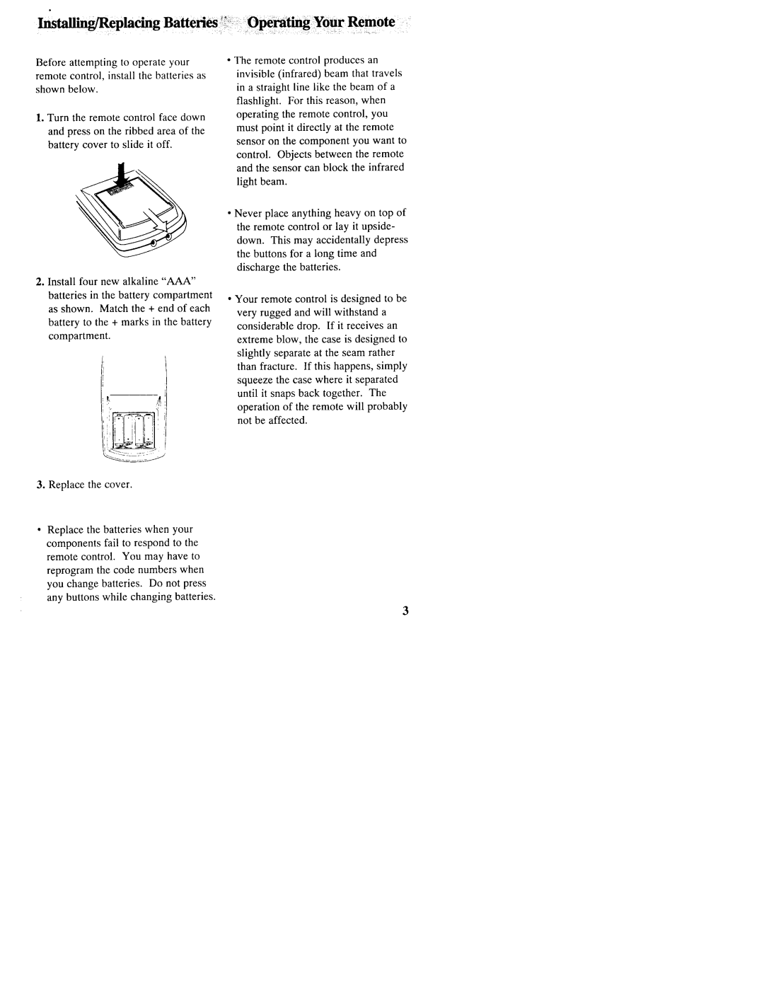 RCA CRCU100 warranty InstalhgReplacing Batter& ‘T- Operating Your Remote 