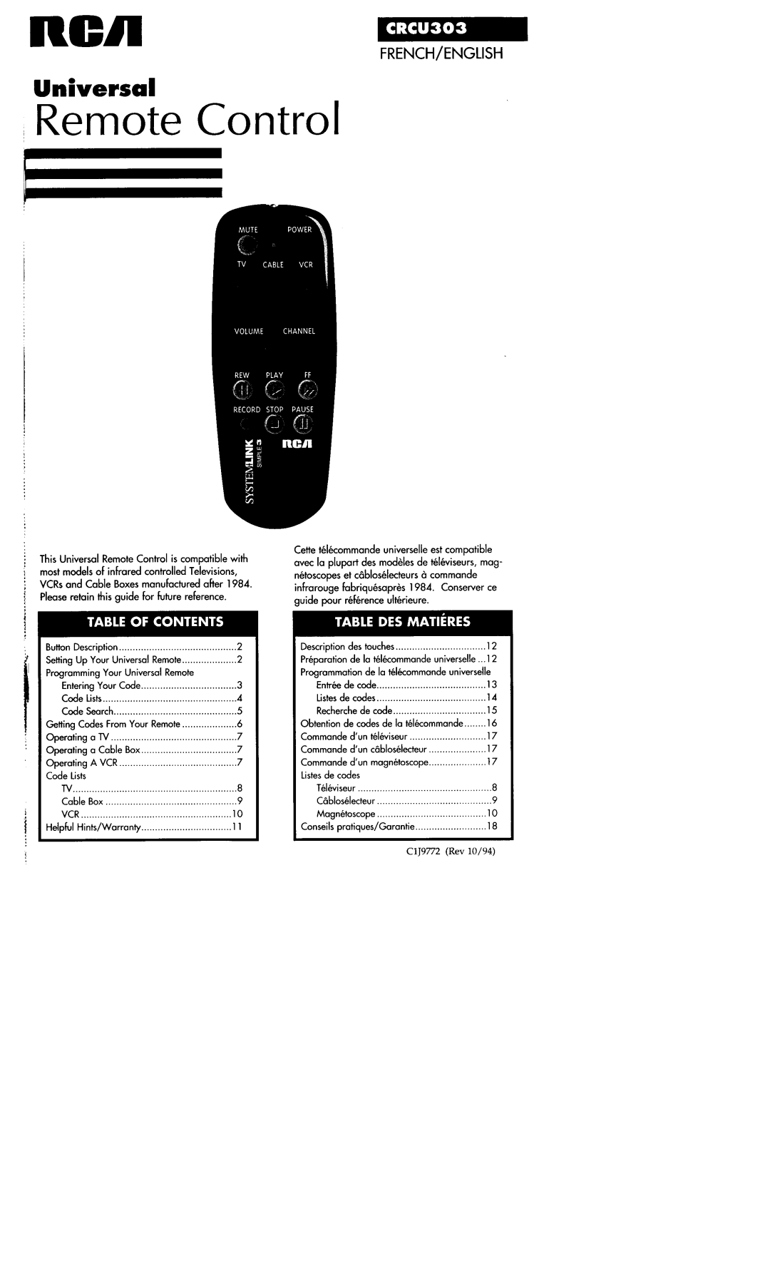 RCA CRCU303 warranty 1Remote Control 