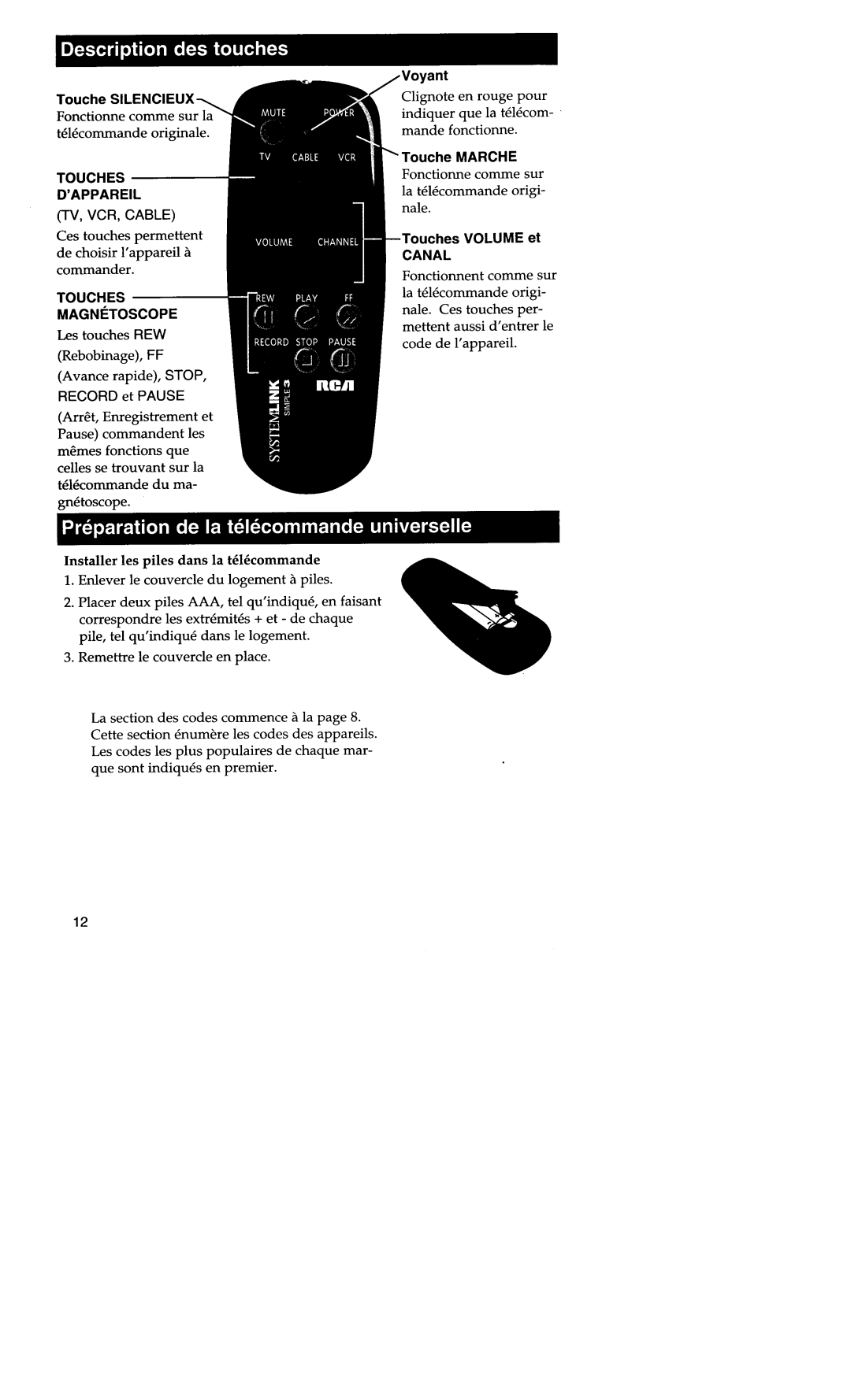 RCA CRCU303 warranty Touches ’APPAREIL TV, VCR, Cable 