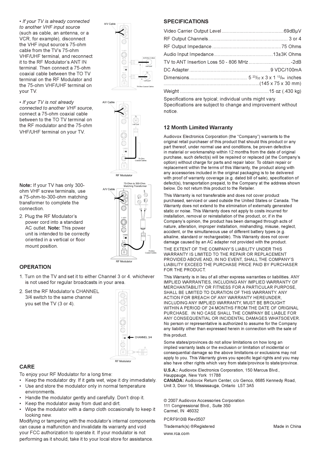 RCA CRF910 user manual Specifications, Operation, Care, If your TV is already connected to another VHF input source 