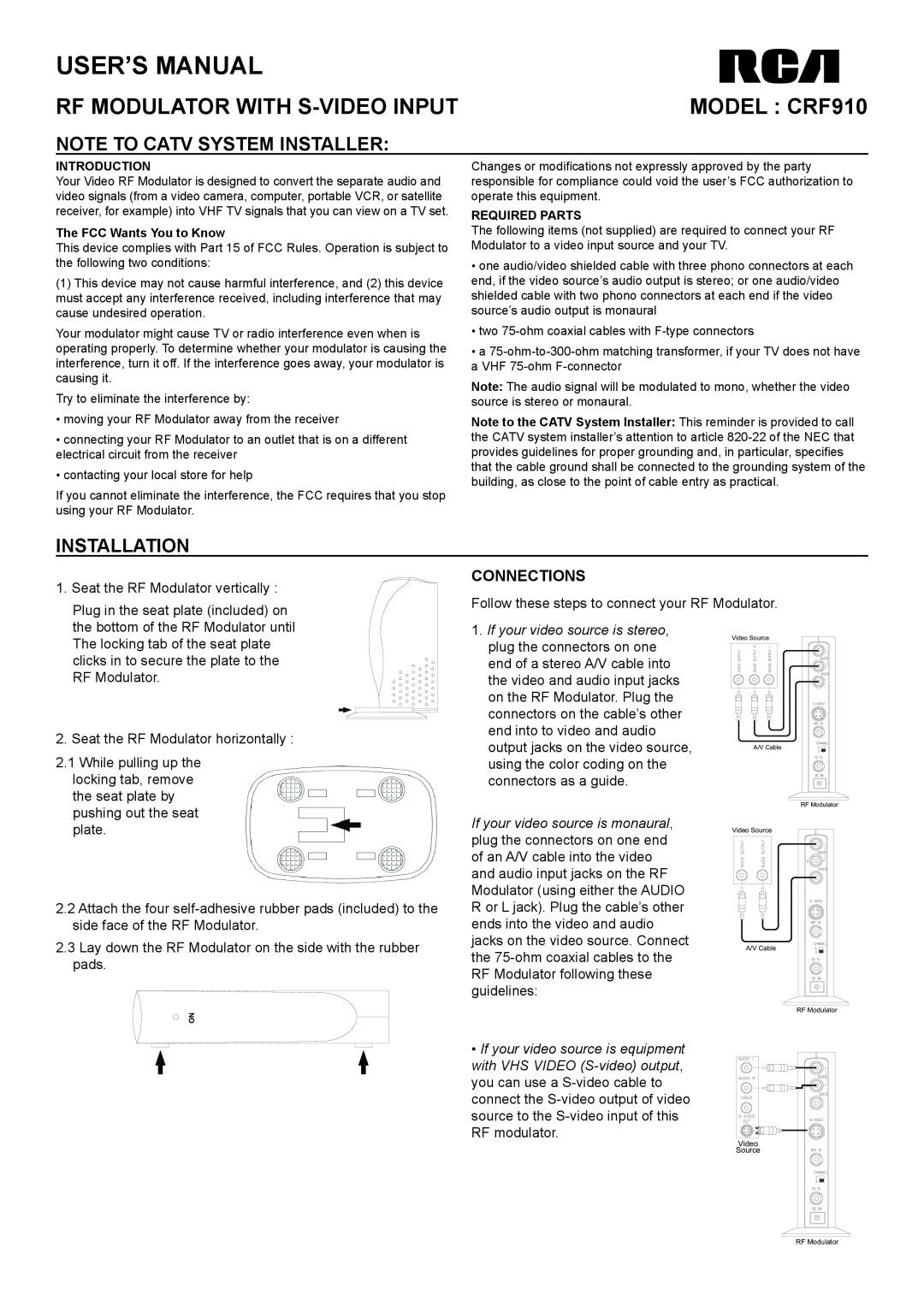 RCA CRF910 user manual Connections, If your video source is equipment, with VHS VIDEO S-videooutput, User’S Manual 