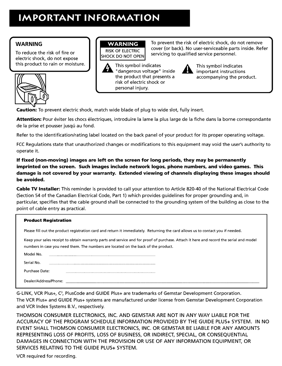 RCA CRT Television manual Product Registration 