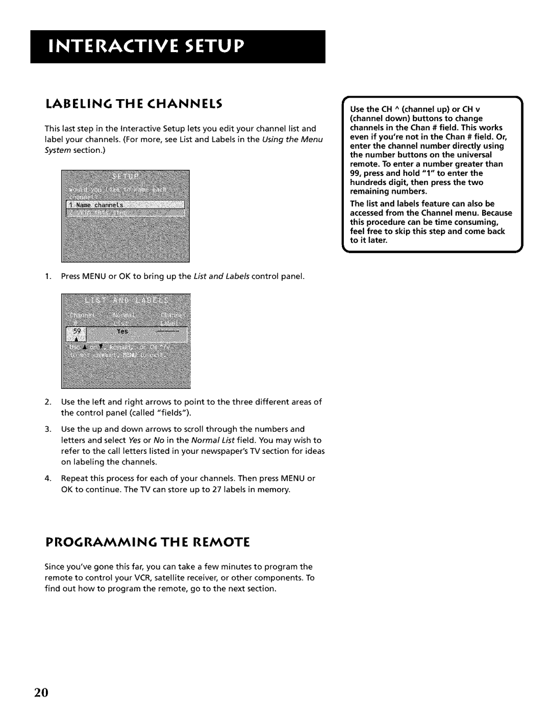 RCA CRT Television manual Labeling TH E Channels, Programming TH E Remote 