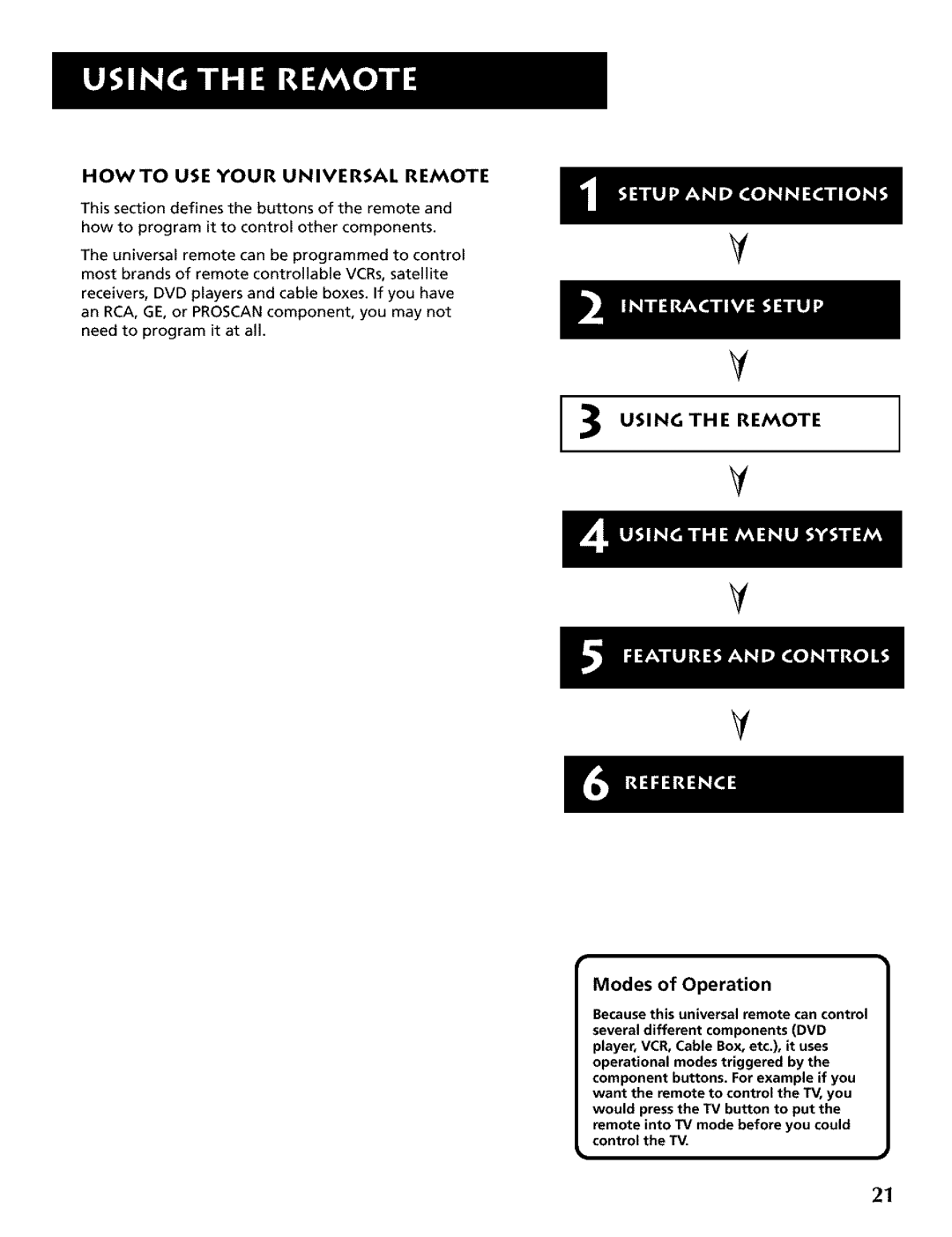 RCA CRT Television manual Howto USE Your Universal Remote, Using the Remote, Modes of Operation 