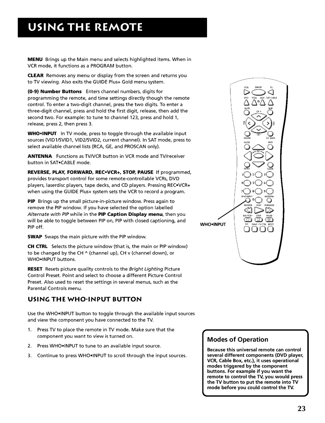 RCA CRT Television manual Using the WHO.INPUT Button, REVERSE, PLAY, FORWARD, REC,VCR+, STOP, Pause If programmed 