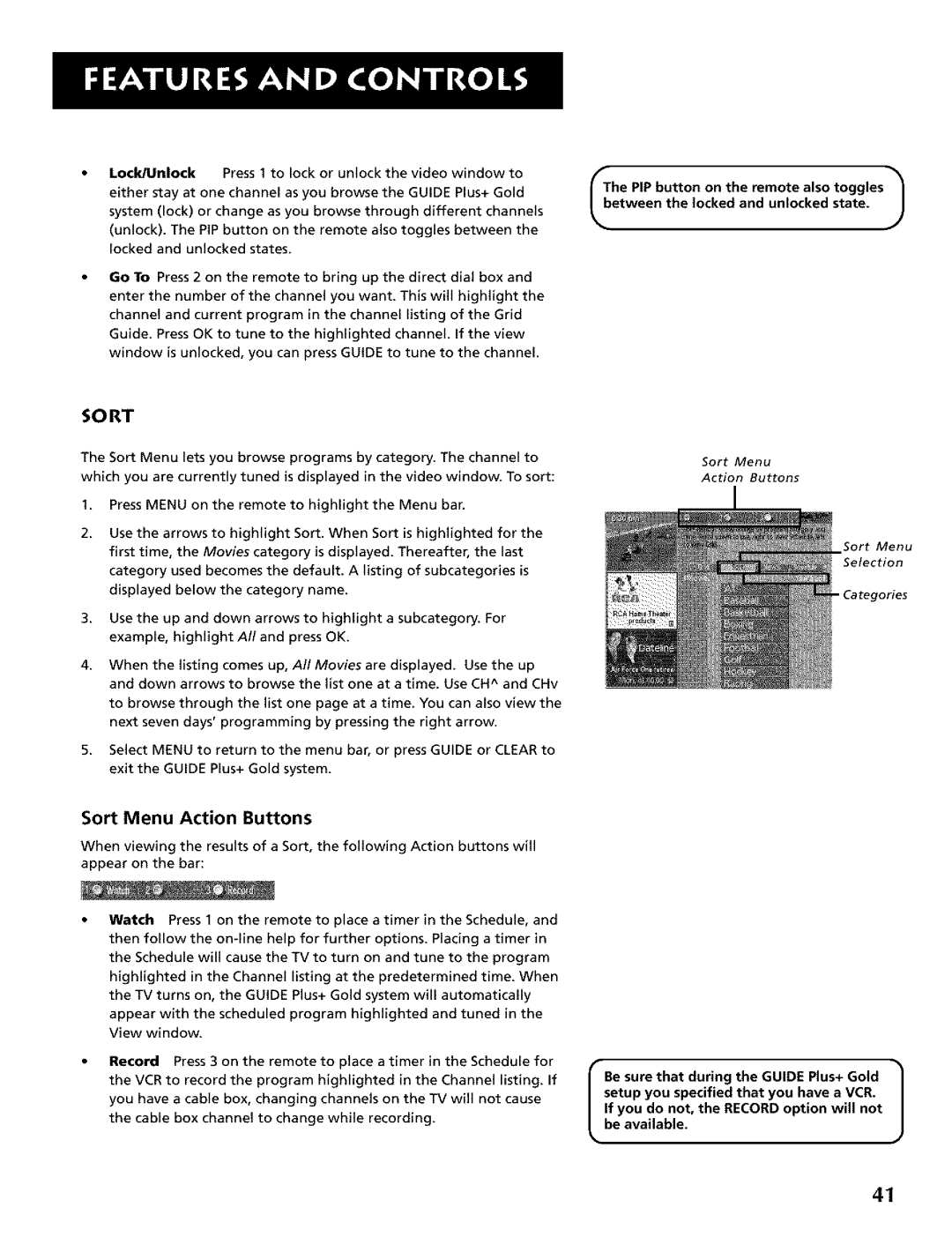 RCA CRT Television manual So Rt, Sort Menu Action Buttons 