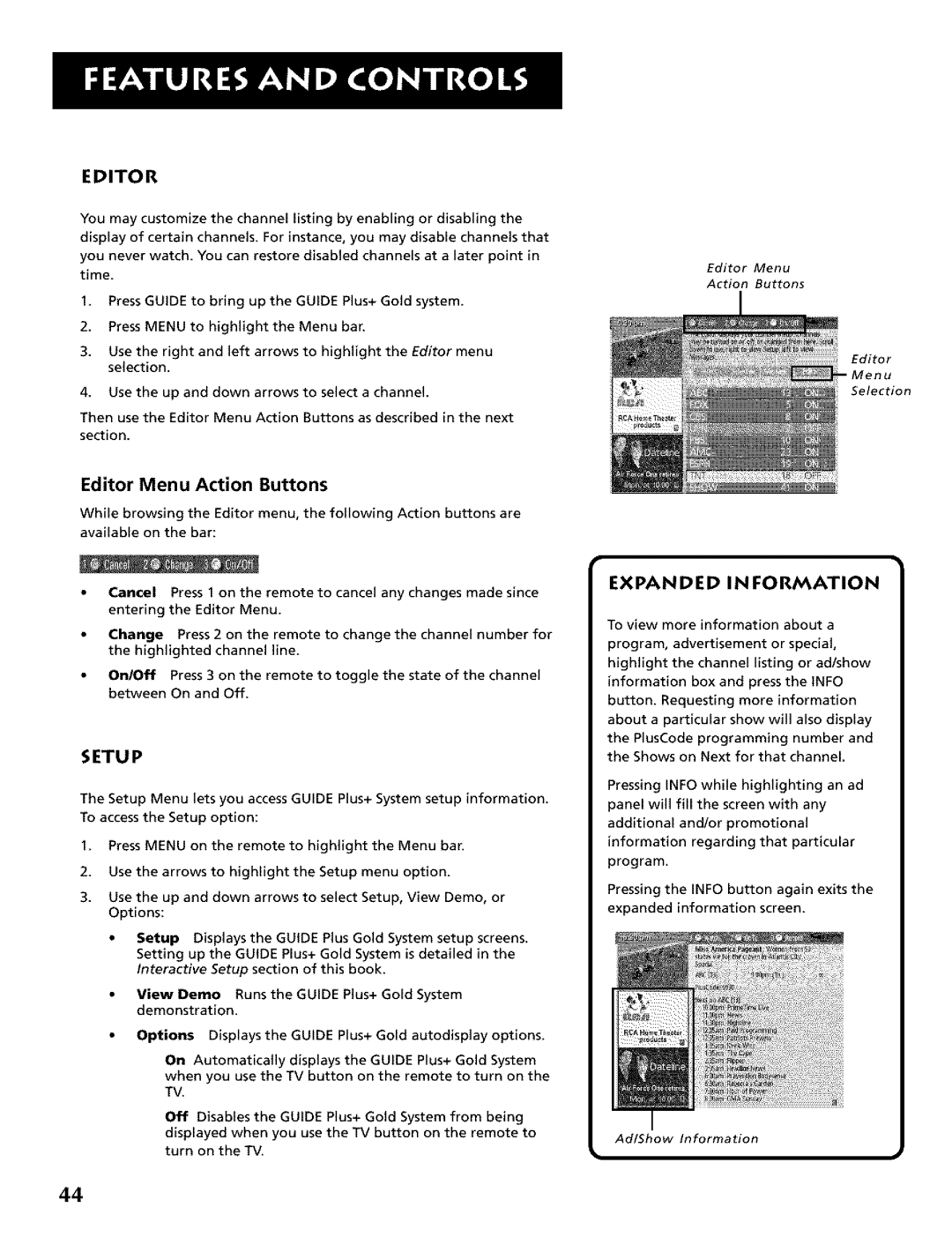 RCA CRT Television manual Editor Menu Action Buttons, Expanded Information 